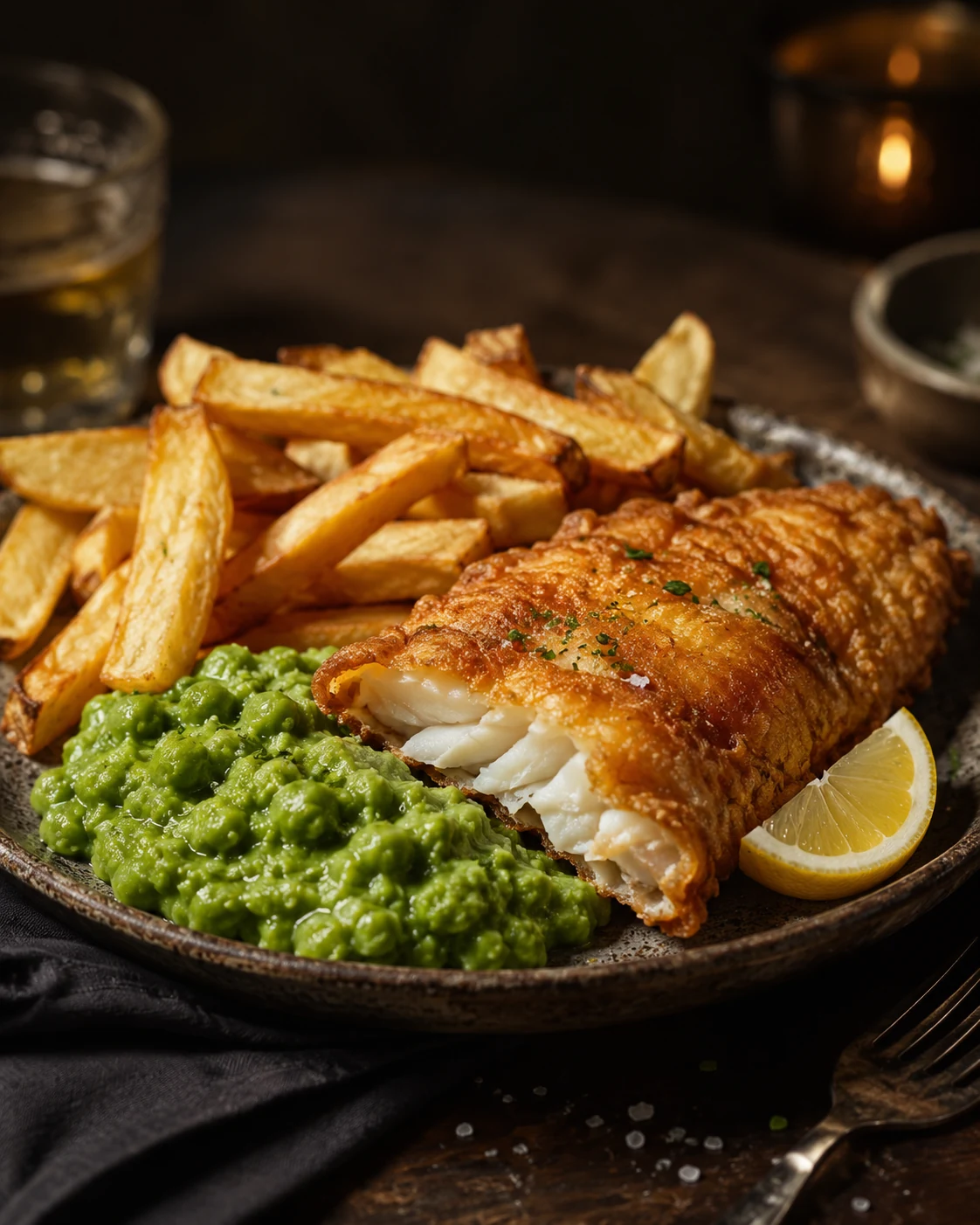 Fish and chips med ertepuré