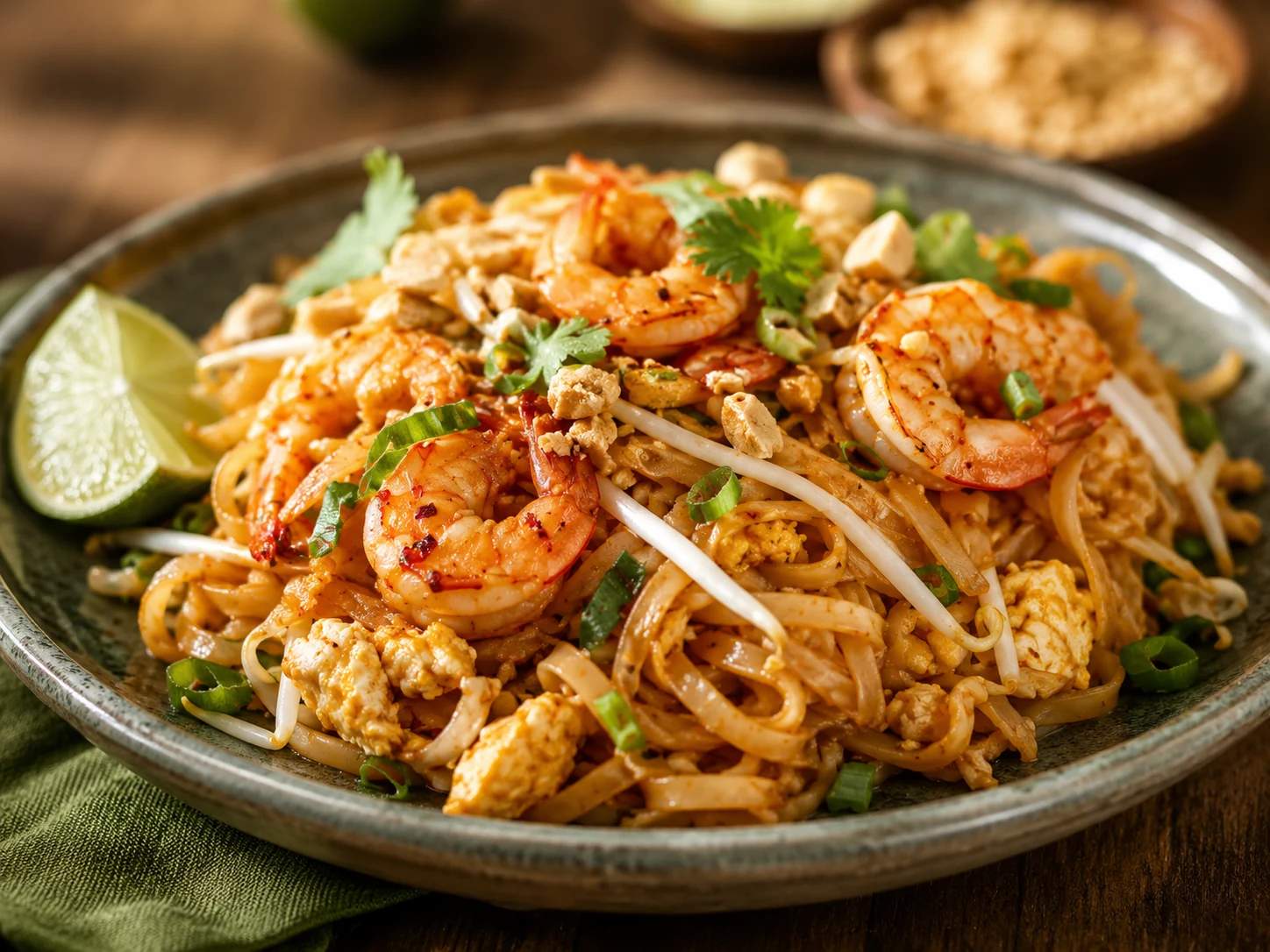 Pad thai med reker, peanøtter og egg