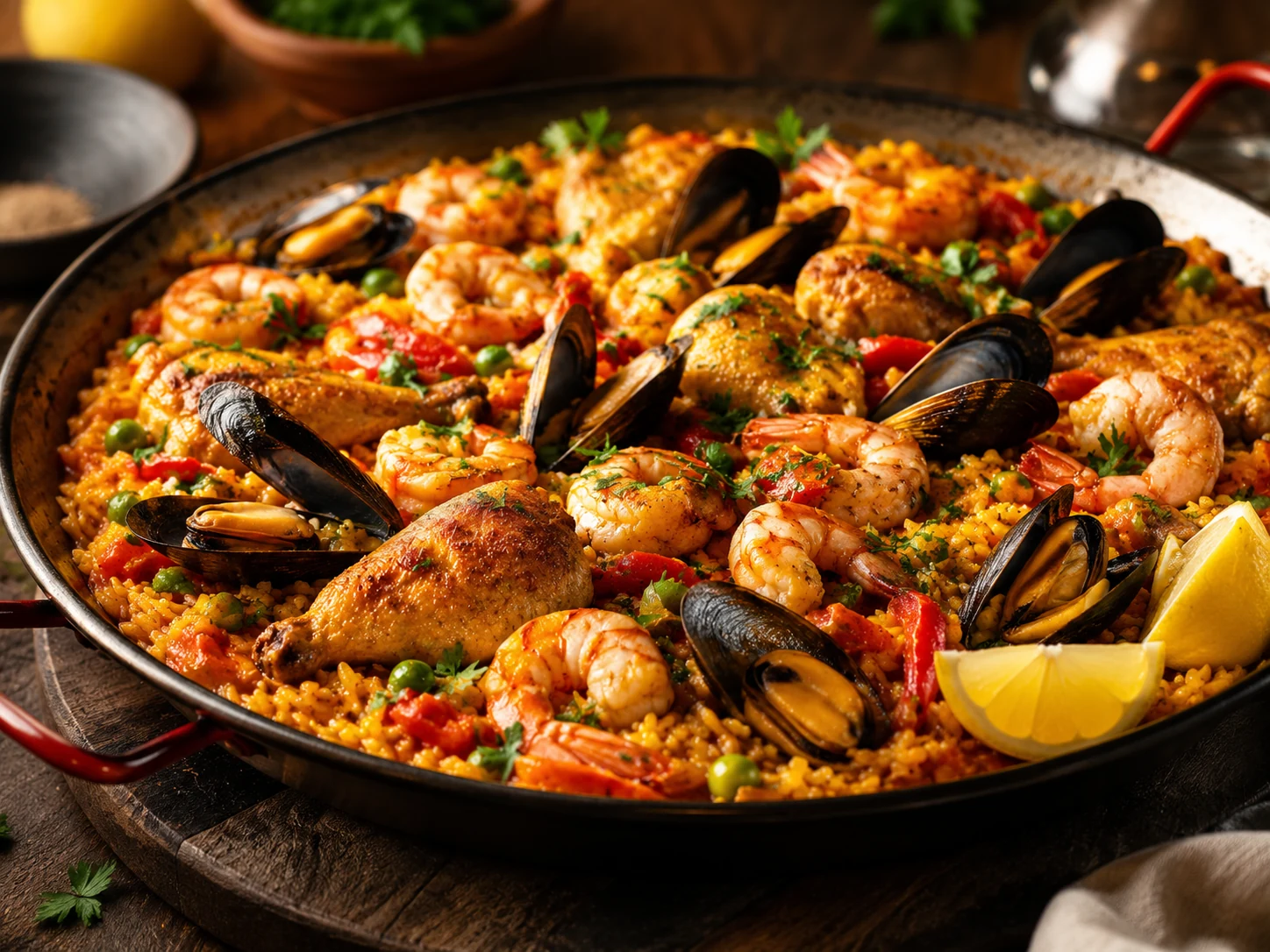 Paella med kylling, reker og blåskjell