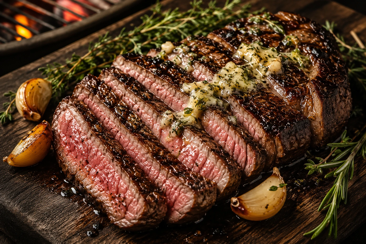 Perfekt entrecôte på grill med hvitløkssmør