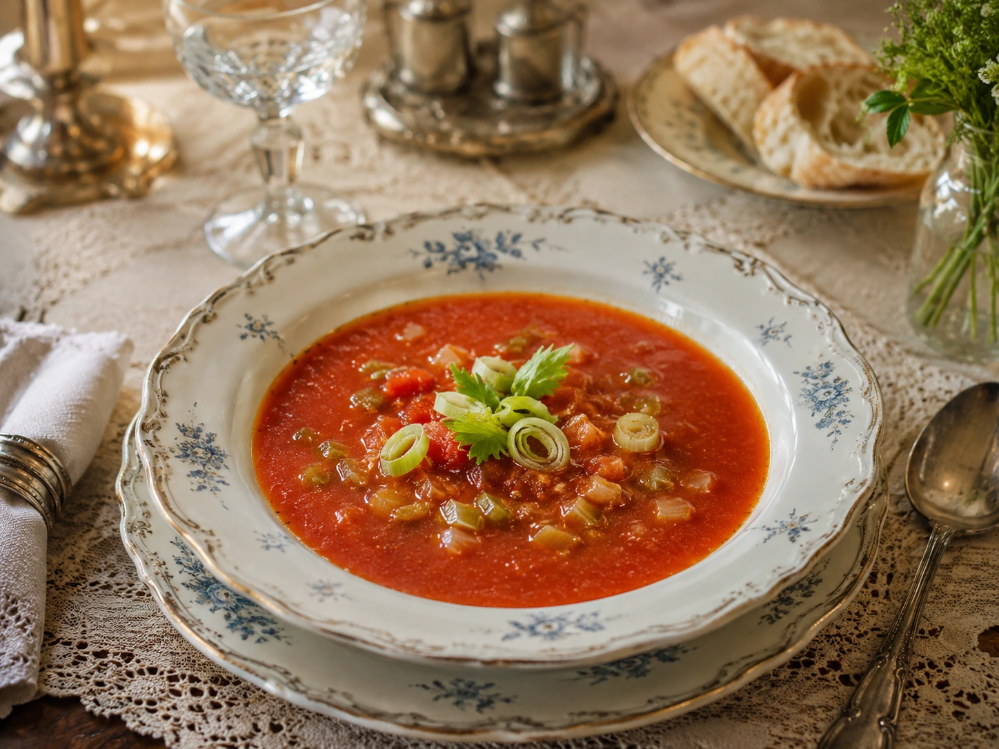 Gammeldags sursøt tomatsuppe med purre, selleri og stavmikser