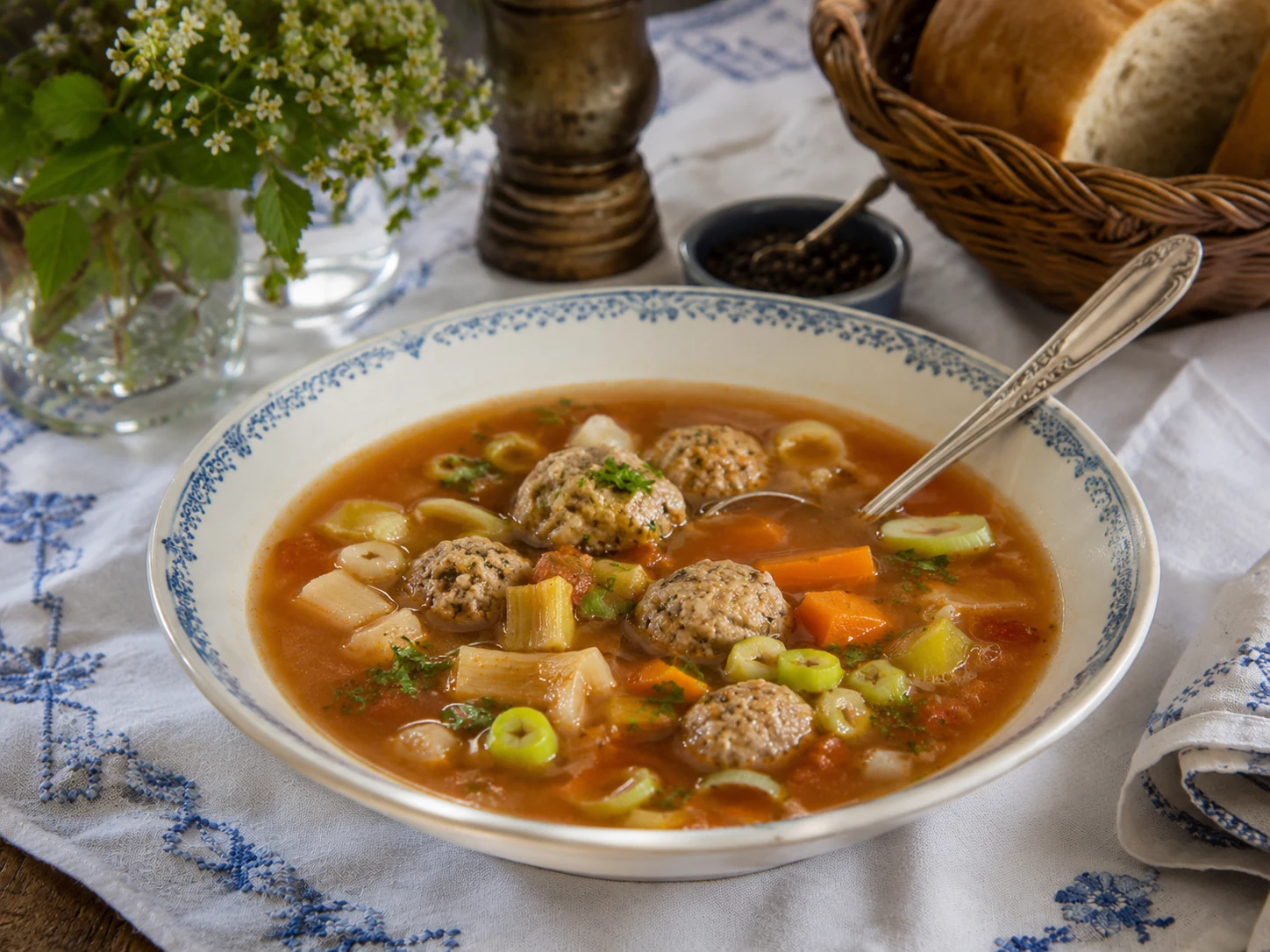 Sursøt tomatsuppe på svineknokekraft med medisterboller
