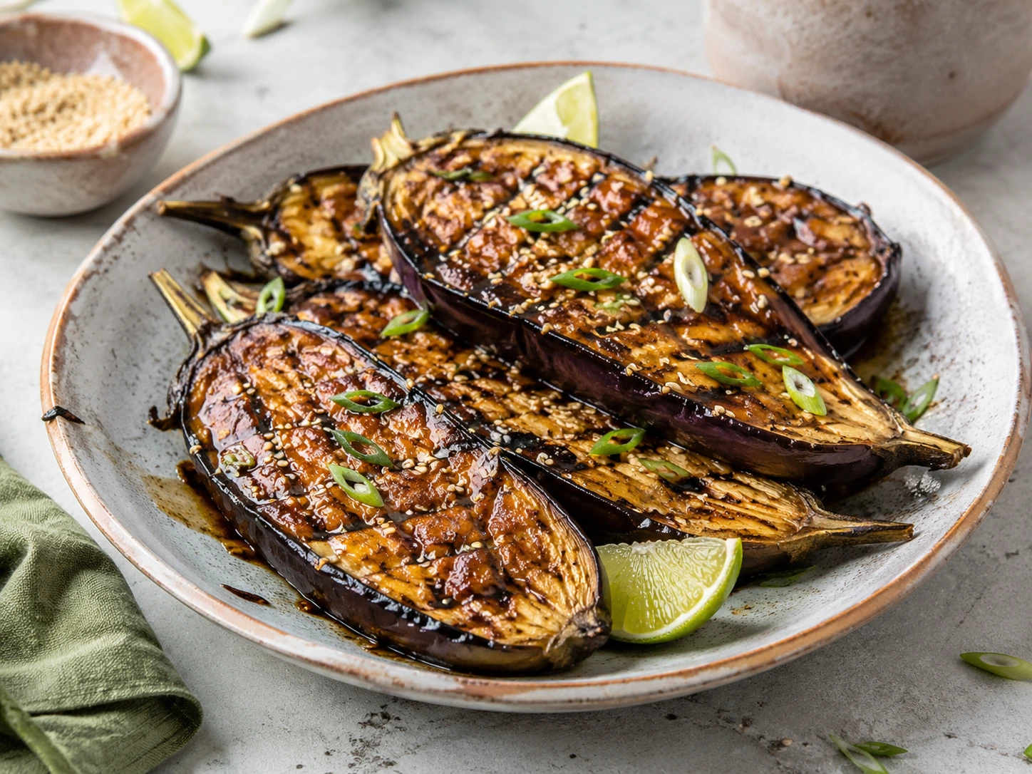 Grillet aubergine med miso, sesam og lime